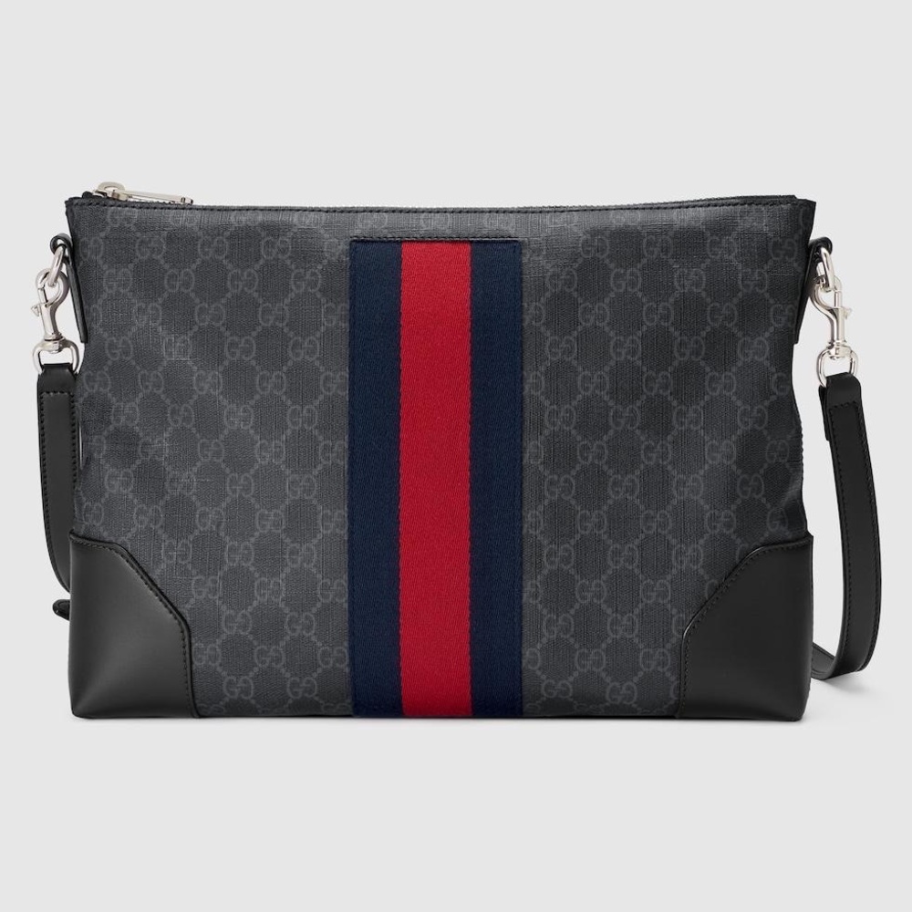 Gucci Men's Black and Navy Messenger Bag with Red Stripe